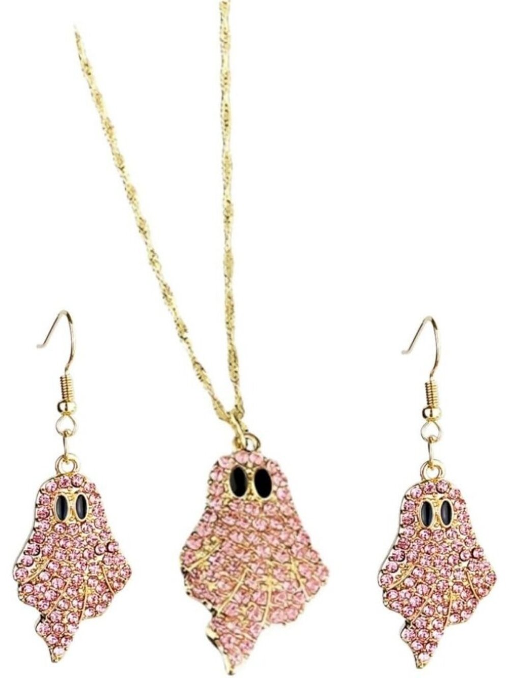 Women’s Pink Ghost Rhinestone Sparkly Halloween Pumpkin Ghost Necklace Earring